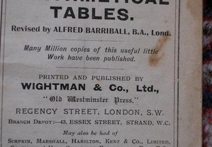 Wightman s Arithmetical Tables . Livro antigo.