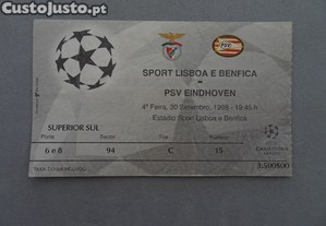 Bilhete de futebol Benfica PSV Eindhoven 30 setembro 1998