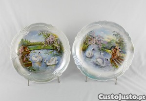 Par de pratos em porcelana Europeia, decorados com lago, flores e cisnes