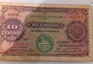 Nota 10 Centavos 1914 Moçambique Lourenço Marques