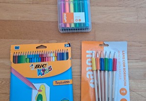 24 Lápis coloridos da Bic + 6 Lápis com Borracha da Note + 12 Marcadores da Note - Novos