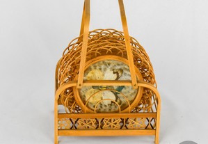 Conjunto de 6 bases de copos em vidro e bambu com suporte, decorados com borboletas