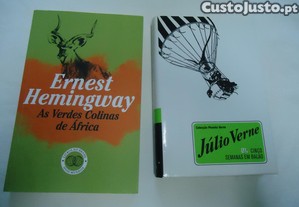 Dois livros As verdes Colinas de Africa Ernest Heminguey e Cinco semanas em balao-Julio Verne