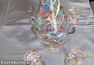 Decanter com 4 cálices em vidro soprado de Murano, anos 60