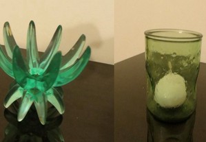 Copo vidro p/ vela,+ Castiçal para vela grande, ambos verdes