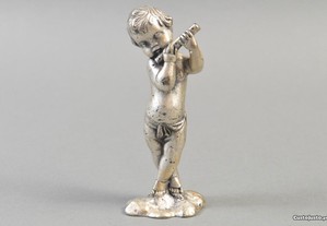 Escultura antiga estanho , menino a tocar flauta