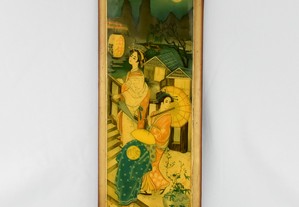 Quadro com figuras orientais em aglomerado de madeira
