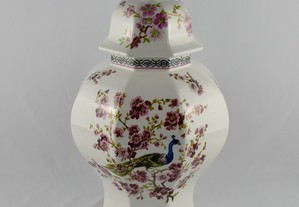 Pote/Jarrão porcelana da China, decoração Pavão, flores e caracteres Chineses