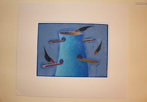 Pintura Alfredo Luz Acrílico s/ Cartão Torre Pássaros Azul 19 x 25 cm
