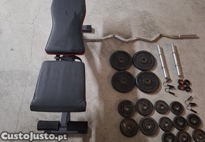 Conjunto de Musculação Banco, Barras e Pesos