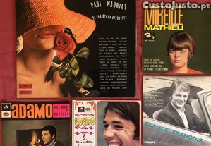 Discos de vinil antigos - 1 LP (Paul Mauriat) e 4 singles: Mireille Mathieu, Adamo e outro