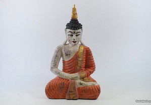 Ásia : Buda em madeira policromada - 48 cm