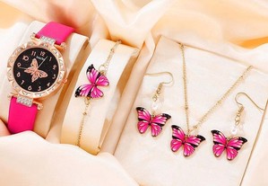 Conjunto de relógio rosa com borboletas "novo e embalado"