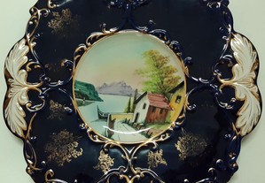 Retro Vintage Antigo Prato Decorativo 37cm Porcelana Vidrada Azul Cobalto