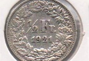 Suiça - 1/2 Franc 1921 - mbc/mbc+ prata