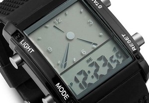 Relógio Quartzo Dual Time LCD Digital Data Alarm