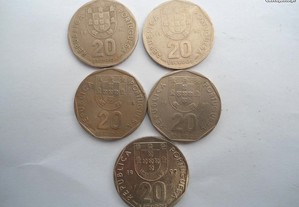 5 moedas de 20 escudos 1986 , 1987, 1988 , 1989 e 1999