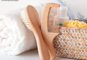 Conjunto pente e escova em bambu para bebé