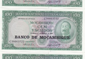 Lote de notas novas de 100$00 de Moçambique
