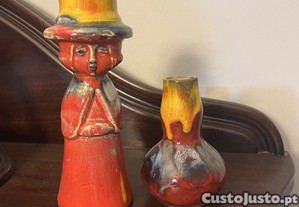 Castiçal figura + jarra em cerâmica vidrada vermelha e amarela vintage anos 70