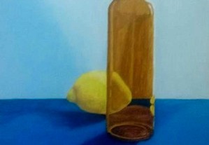 Pintura a óleo, garrafa de cerveja e limão