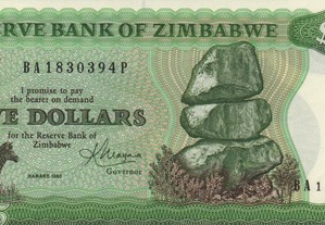 Zimbabué - Nota de 5 Dollars 1983 - nova