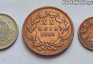 Moedas 100 Reis 1900, XX Reis 1883 e V Reis 1882