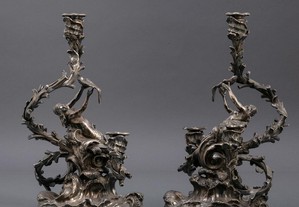 Belíssimo par de Candelabros de dois lumes "Sereias" em Prata portuguesa