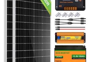 Kit Solar 120W/240W 12v Inversor 600W ou 1500W + Bateria LiFePO4 50AH