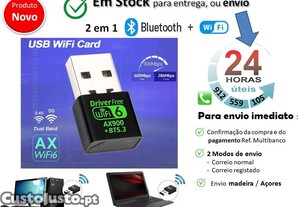 Adaptador 2 em 1 USB com WIFI 6 + Bluetooth 5.3 - Dual Band 2.4G e 5GHz
