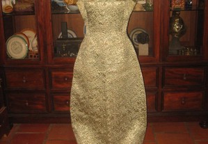Vintage Antigo vestido toillet brocado de seda tom verde 1970s