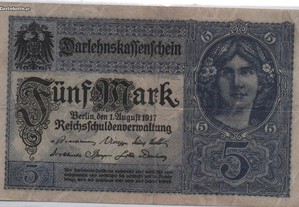 Alemanha(Império) - Nota de 5 Mark 1917 - mbc