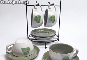 Serviço 4 Chávenas Chá Pires Branco Verde Suporte Metal Preto