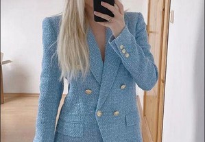 Blazer em tweed azul claro da Zara novo com etiqueta