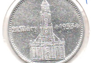 Alemanha (3º Reich) - 5 Reichsmark 1934 D - mbc+/bela prata - Igreja com data