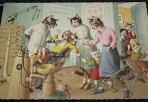 Postal Ilustrado Antigo Gatos no Dentista