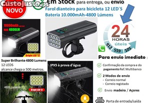 Farol frontal bicicleta 12 LED 4800 Lumens bateria 10.000Mha 5 modos á prova agua IPX5