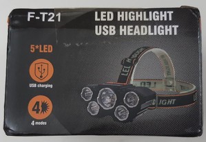 Lanterna de Cabeça 5 Led USB Bateria Embutida Recarregável Nova