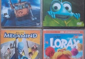 Desenhos animados. DVDs selados. "Wall.E", "Megamind", "Vaiana" e "Lorax".