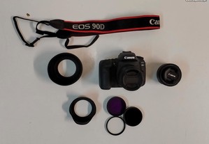Máquina fotográfica Canon 90D + lente 18-55mm e 50mm + kits de filtros e para-sóis