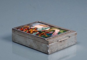 Caixa cigarreira em Prata com bonita decoração em esmalte de Limoges