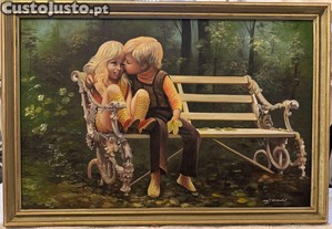 Quadro Vintage Pintado a Óleo Crianças no Banco de Jardim