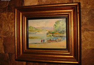 Antigo quadro pintura óleo rio com barcos Jesus Guido 1996