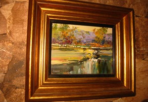 Antigo quadro pintura óleo paisagem rio ass Jesus Guido 1996