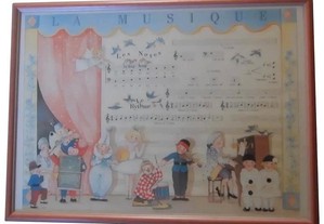 1980s-90s "La Musique" Cromolitografia infantojuvenil emoldurada