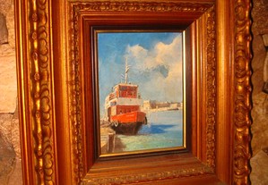 Antigo quadro pintura óleo cacilheiro barco Tejo Jesus Guido 1980s