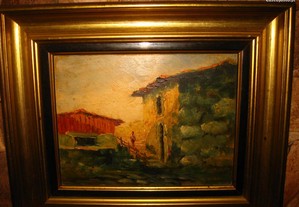 Antigo quadro pintura óleo assi casas d'aldeia 1950s