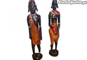 Par Estatuetas Africanas Madeira Pintada 46 cm