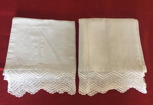 Par toalhas linho caseiro artesanal com renda feita à mão em tricot