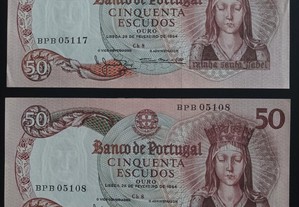 2 notas de 50 escudos Rainha Santa Isabel, não circuladas.